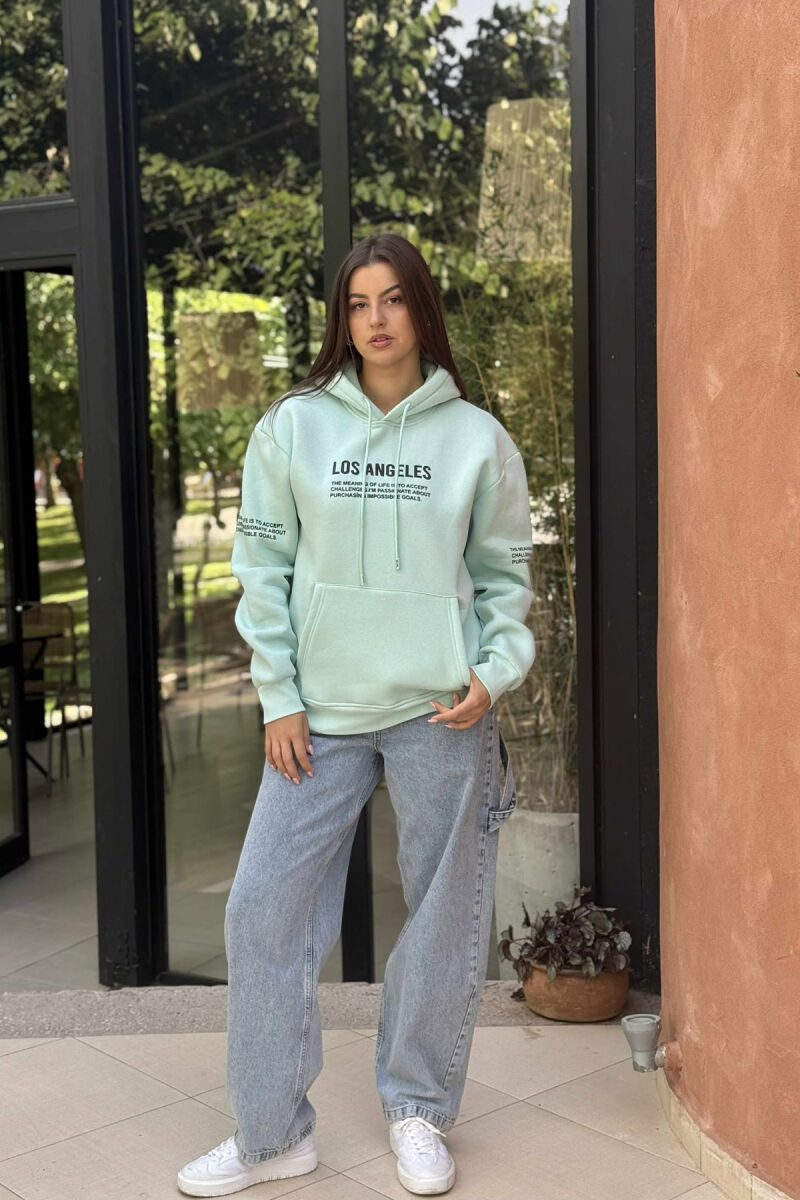 HOODIE NJË NGJYRËSHE ME PUSH DHE ME SHKRIME NË PJESËN PARA PËR FEMRA NË NGJYRËN MENTE - 1