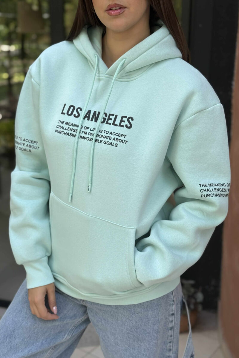 HOODIE NJË NGJYRËSHE ME PUSH DHE ME SHKRIME NË PJESËN PARA PËR FEMRA NË NGJYRËN MENTE - 4