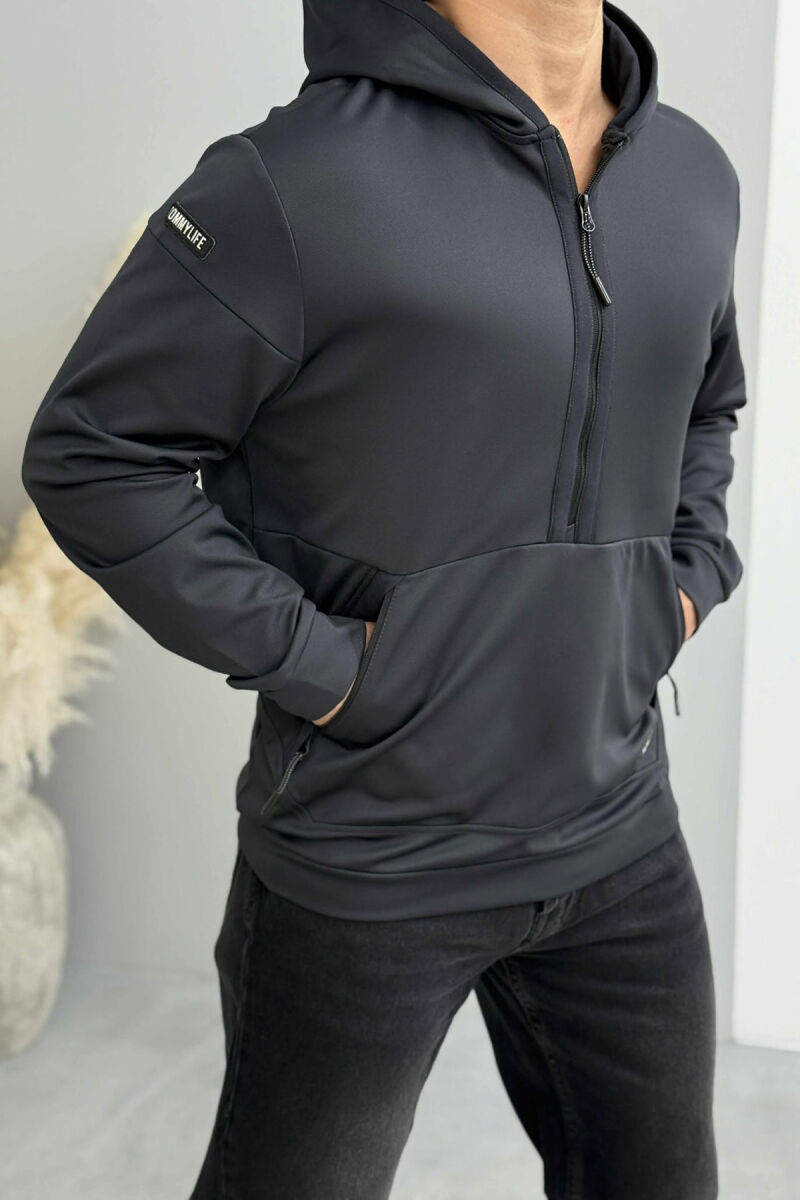 HOODIE NJËNGJYRËSHE ME JAKË ME ZINXHIR PËR MESHKUJ NË NGJYRËN GRI TË ERRËT - 4