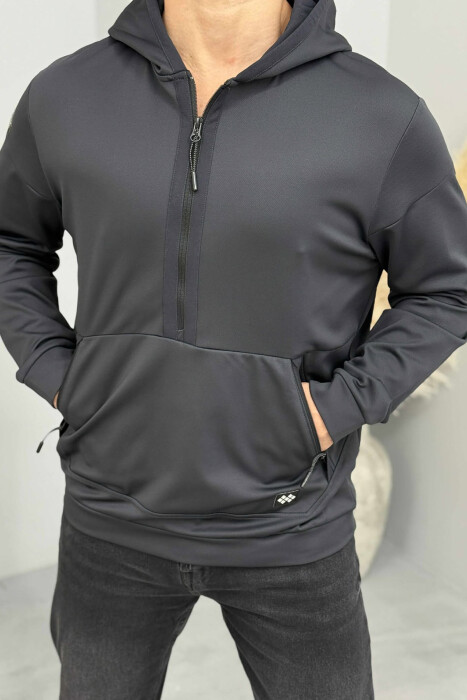 HOODIE NJËNGJYRËSHE ME JAKË ME ZINXHIR PËR MESHKUJ NË NGJYRËN GRI TË ERRËT - 1