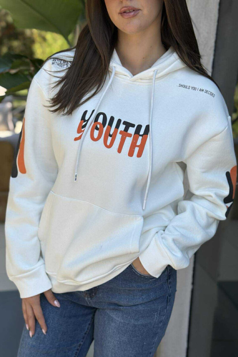 HOODIE NJËNGJYRËSHE ME PUSH DHE SHKRIM PËR FEMRA NË NGJYRËN E BARDHË - 4