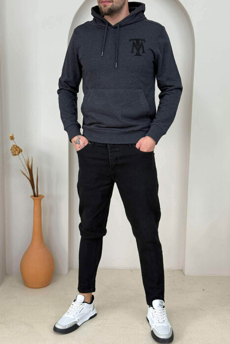 HOODIE NJËNGJYRËSHE ME LOGO TË THJESHTË PARA PËR MESHKUJ NË NGJYRËN GRI TË ERRËT - 1