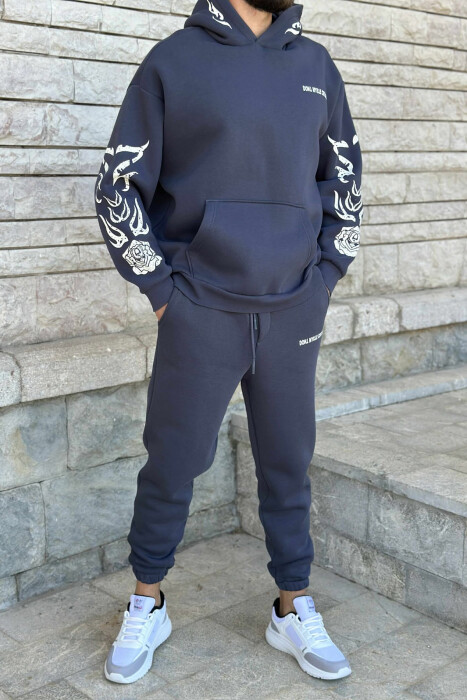 HOODIE+JOGGERS SIMPLE DESIGN FLUFFY MEN SET DARK GREY/GEE - 1