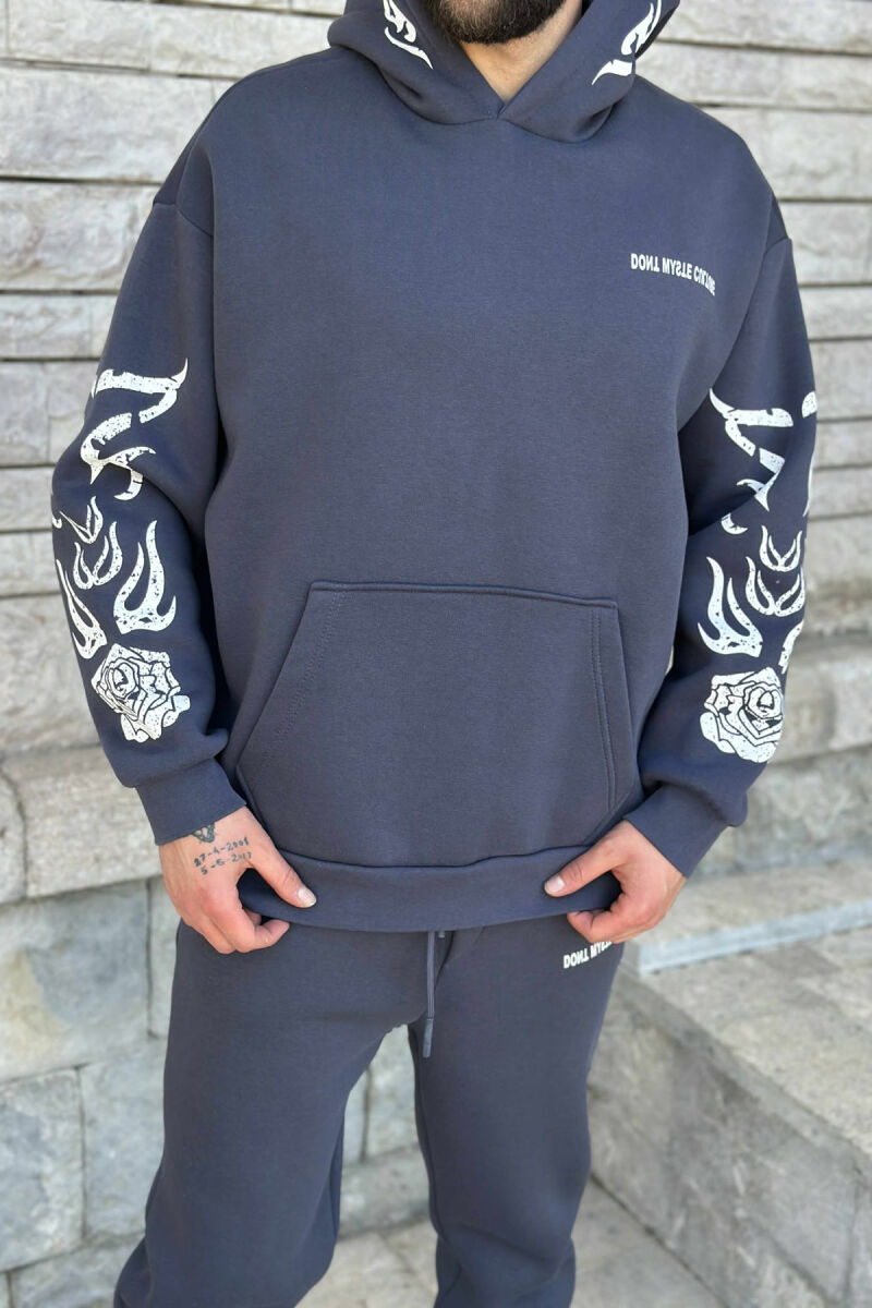 HOODIE+JOGGERS SIMPLE DESIGN FLUFFY MEN SET DARK GREY/GEE - 2