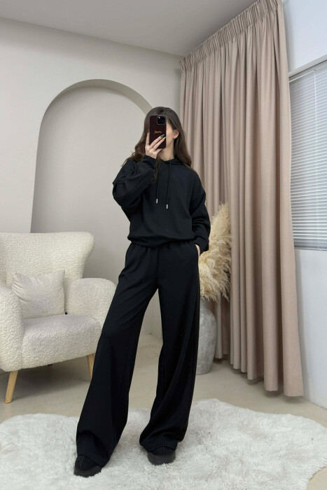 HOODIE+SWEATPANTS ONE COLOR SIMPLE WOMEN SET BLACK/ E ZEZE 