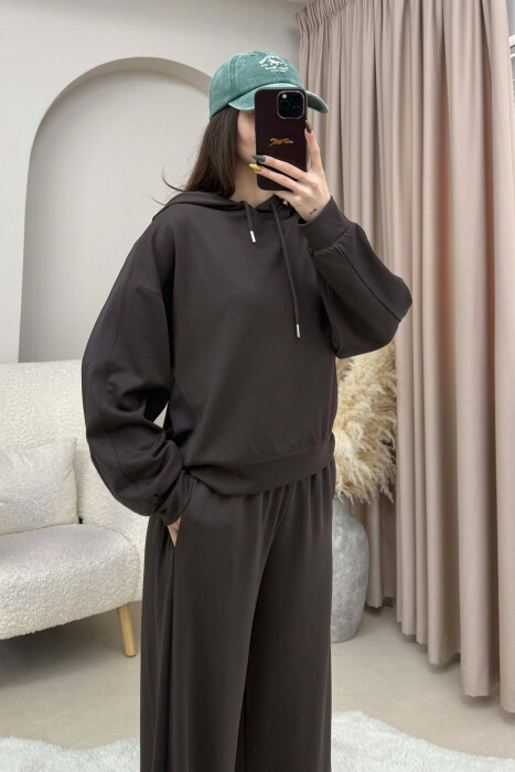 HOODIE+SWEATPANTS ONE COLOR SIMPLE WOMEN SET BROWN/KAFE - 3