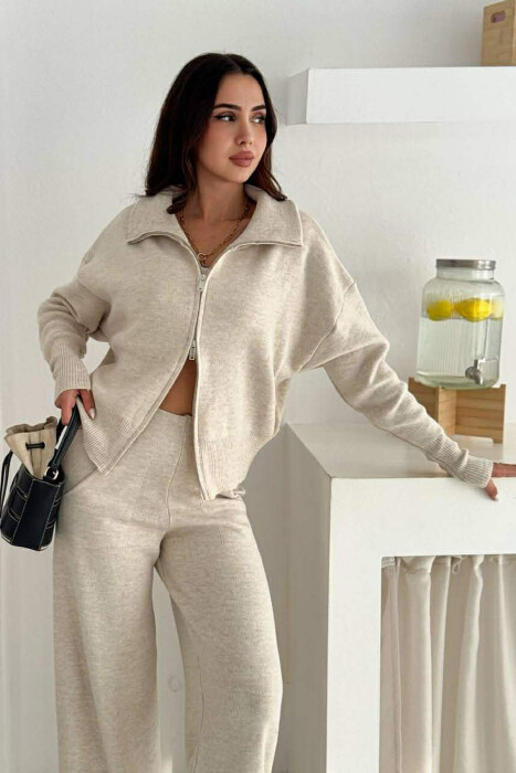JACKET+TROUSERS SIMPLE KNIT WOMEN SET CREAM/KREM - 2