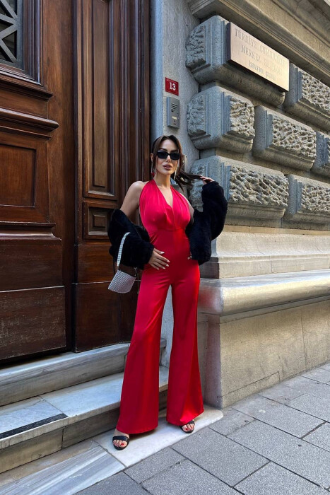 JUMPSUIT NJË NGJYRËSH ME DEAJIN E LIDHSES NE QAFË PËR FEMRA NË NGJYRËN E KUQE - 1