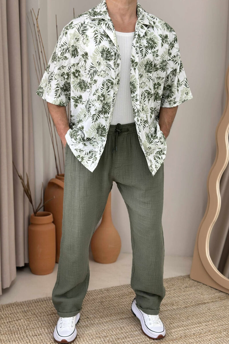 KËMISHË ME DIZAJNIN E LULEVE ME MËNGË TË SHKURTRA PËR MESHKUJ NË NGJYRËN JESHILE - 1