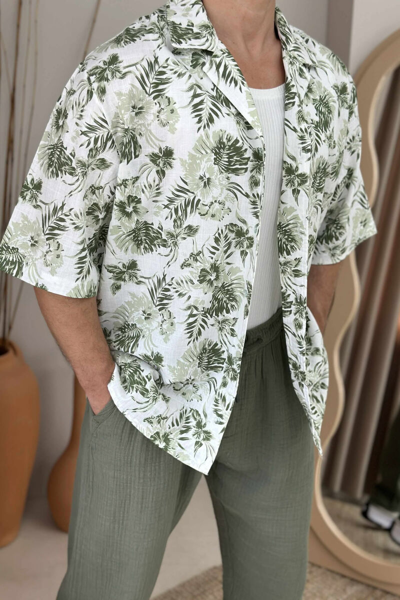 KËMISHË ME DIZAJNIN E LULEVE ME MËNGË TË SHKURTRA PËR MESHKUJ NË NGJYRËN JESHILE - 2