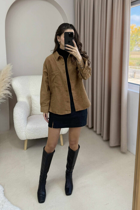 KËMISHË NJË NGJYRËSHE ME NJË XHEP PËE FEMRA NË NGJYRË KAFE - 6