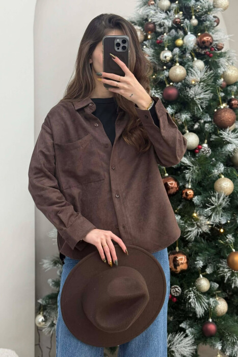 KËMISHË NJË NGJYRËSHE ME NJË XHEP PËE FEMRA NË NGJYRË KAFE TË ERRËT - 3