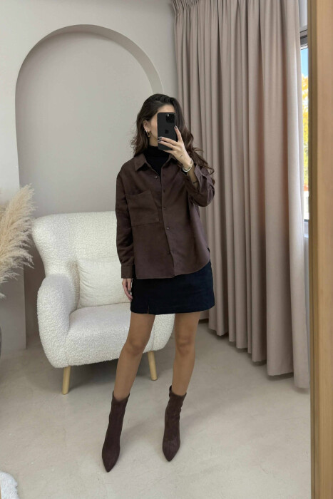 KËMISHË NJË NGJYRËSHE ME NJË XHEP PËE FEMRA NË NGJYRË KAFE TË ERRËT - 5