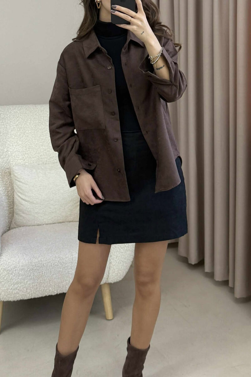 KËMISHË NJË NGJYRËSHE ME NJË XHEP PËE FEMRA NË NGJYRË KAFE TË ERRËT - 8