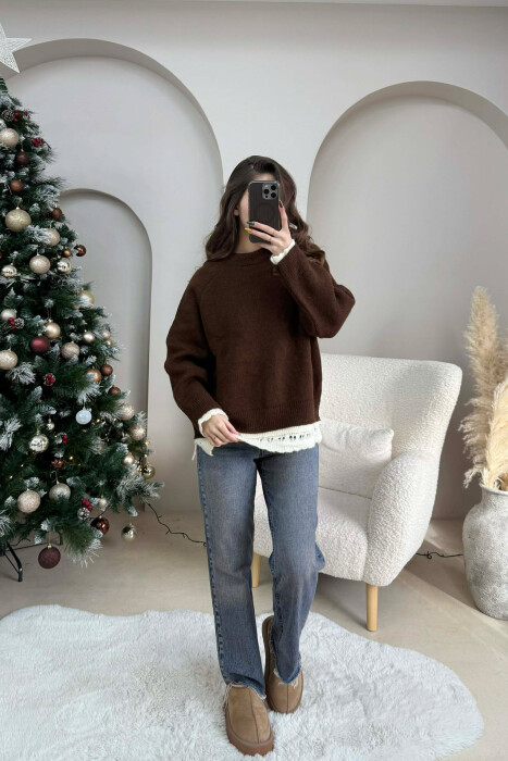 KNIT DETAIL SIMPLE WOMEN SWEATER BROWN/KAFE 