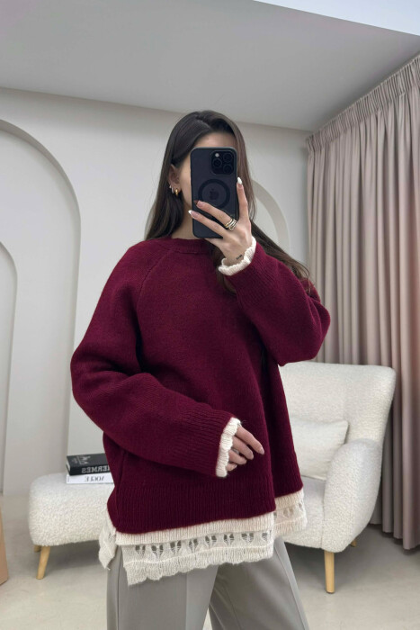 KNIT DETAIL SIMPLE WOMEN SWEATER BURGUNDY/VISHNJE - 2