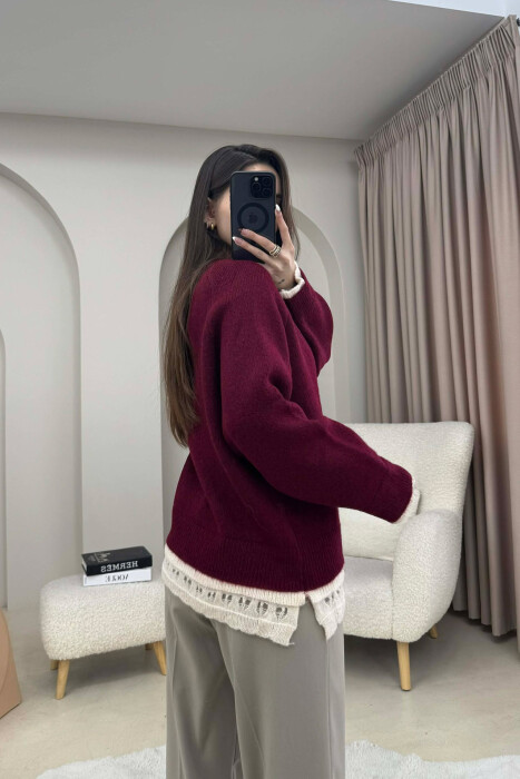KNIT DETAIL SIMPLE WOMEN SWEATER BURGUNDY/VISHNJE - 3