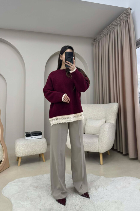 KNIT DETAIL SIMPLE WOMEN SWEATER BURGUNDY/VISHNJE - 4