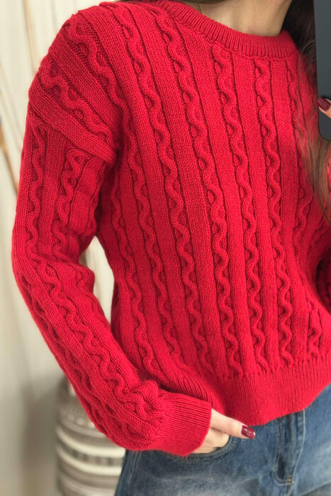 ONE COLOR KNITTED ROUND NECK WOMEN SWEATER RED/E KUQE - 2