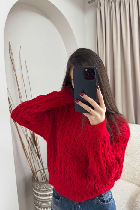 ONE COLOR KNITTED ROUND NECK WOMEN SWEATER RED/E KUQE - 3