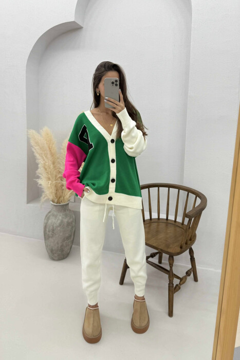 B LETTER CARDIGAN+TROUSERS KNIT WOMEN SET GREEN/JESHILE - 2