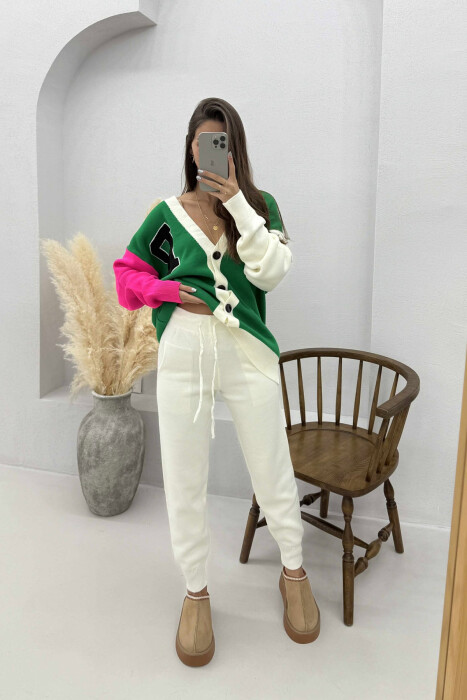 B LETTER CARDIGAN+TROUSERS KNIT WOMEN SET GREEN/JESHILE - 1