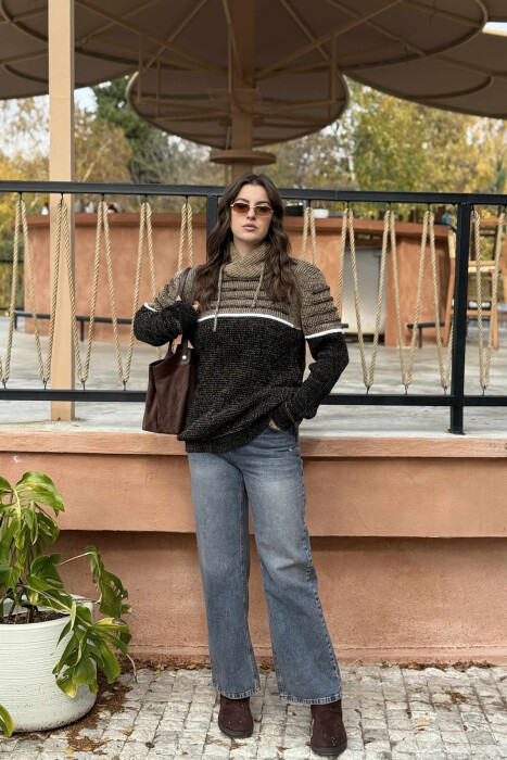 KNITTED HIGH NECK LACING WOMEN SWEATER BEIGE/BEZHE 