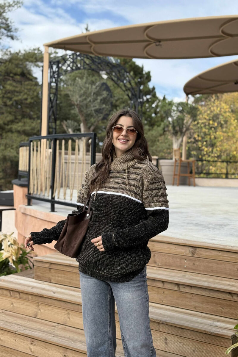 KNITTED HIGH NECK LACING WOMEN SWEATER BEIGE/BEZHE - 2