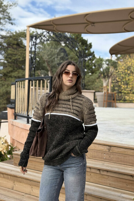 KNITTED HIGH NECK LACING WOMEN SWEATER BEIGE/BEZHE - 4