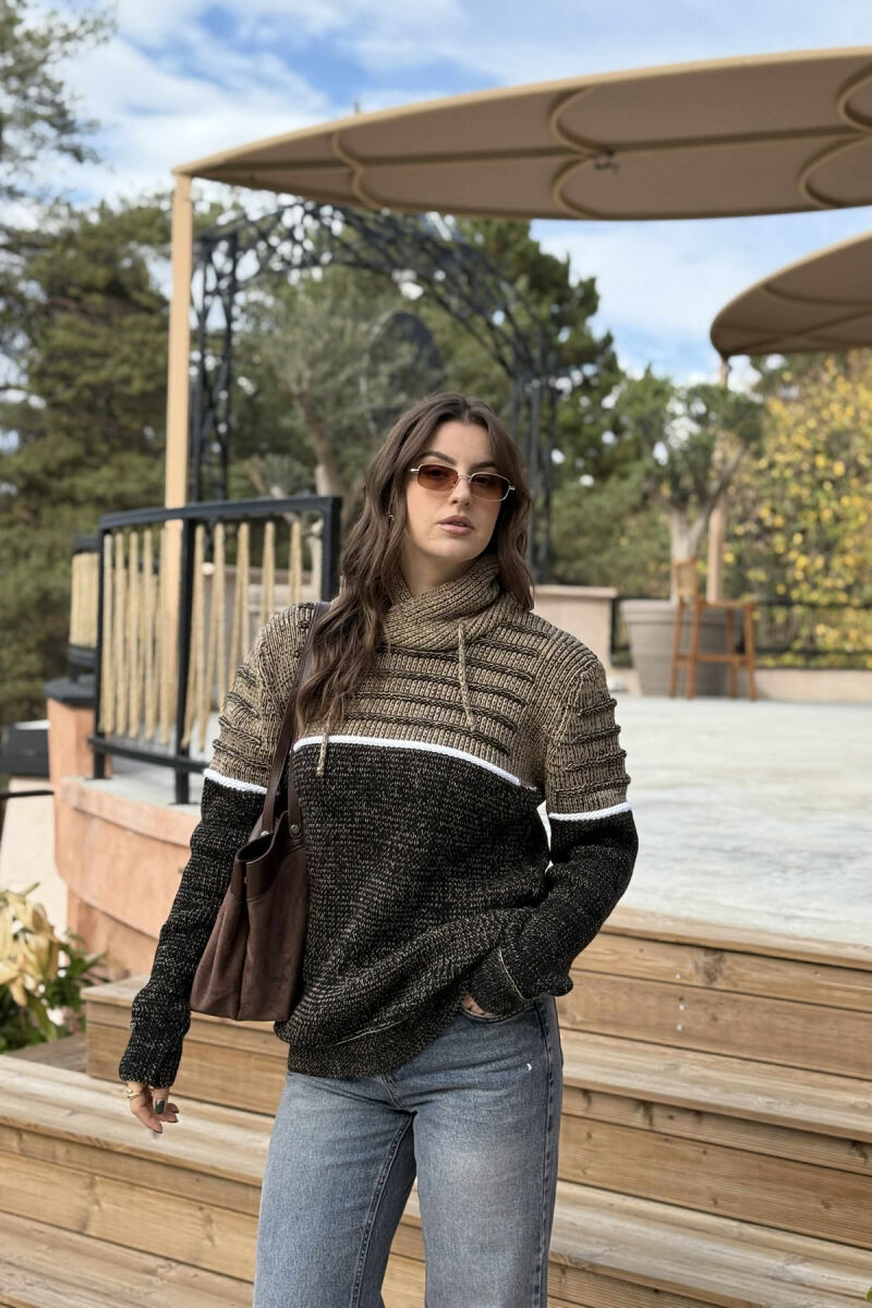 KNITTED HIGH NECK LACING WOMEN SWEATER BEIGE/BEZHE - 4