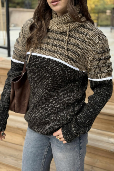 KNITTED HIGH NECK LACING WOMEN SWEATER BEIGE/BEZHE - 5