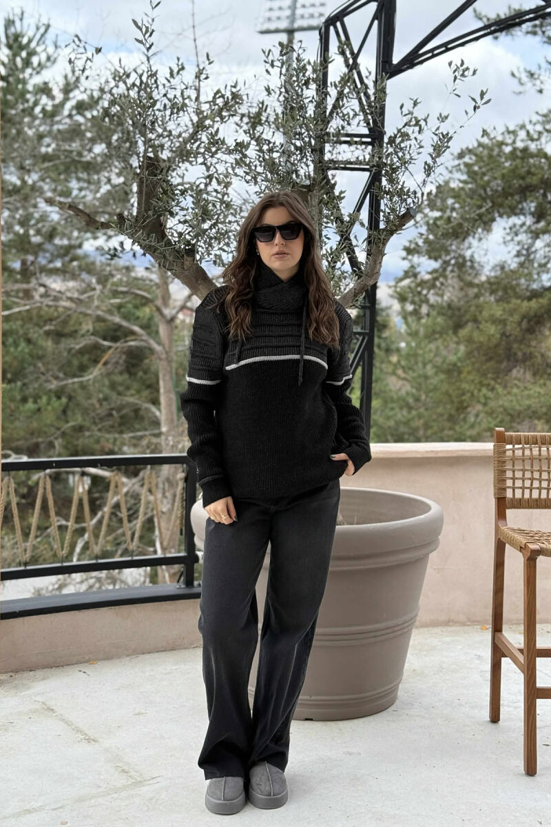 KNITTED HIGH NECK LACING WOMEN SWEATER BLACK/ E ZEZE - 1