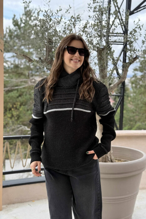 KNITTED HIGH NECK LACING WOMEN SWEATER BLACK/ E ZEZE - 3