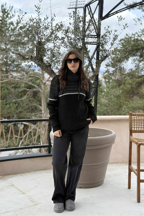 KNITTED HIGH NECK LACING WOMEN SWEATER BLACK/ E ZEZE 