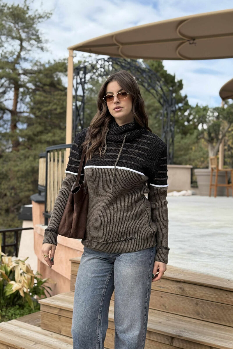 KNITTED HIGH NECK LACING WOMEN SWEATER BROWN/KAFE - 1