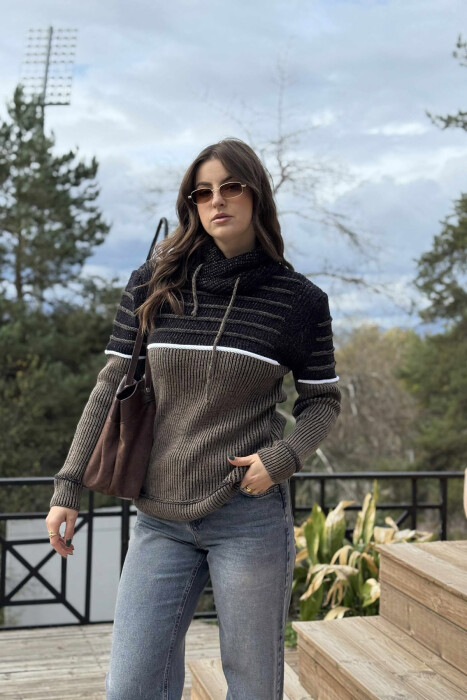 KNITTED HIGH NECK LACING WOMEN SWEATER BROWN/KAFE - 2