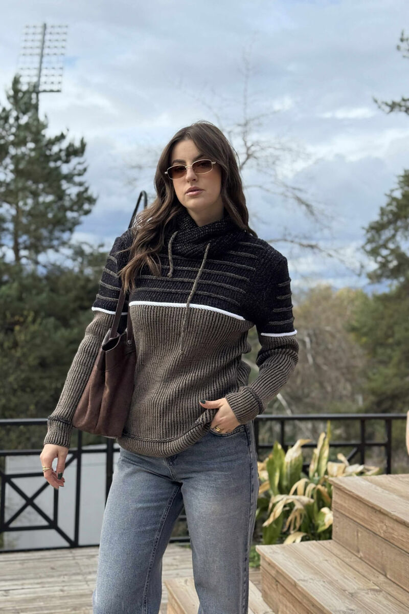 KNITTED HIGH NECK LACING WOMEN SWEATER BROWN/KAFE - 2