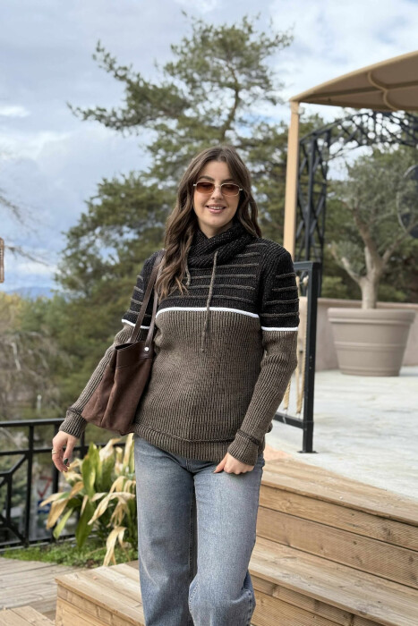 KNITTED HIGH NECK LACING WOMEN SWEATER BROWN/KAFE - 3