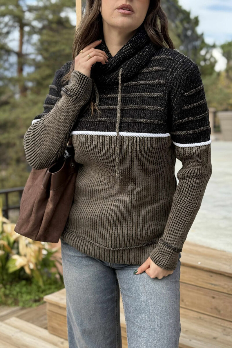 KNITTED HIGH NECK LACING WOMEN SWEATER BROWN/KAFE - 4