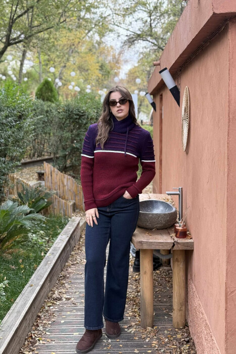 KNITTED HIGH NECK LACING WOMEN SWEATER BURGUNDY/VISHNJE 