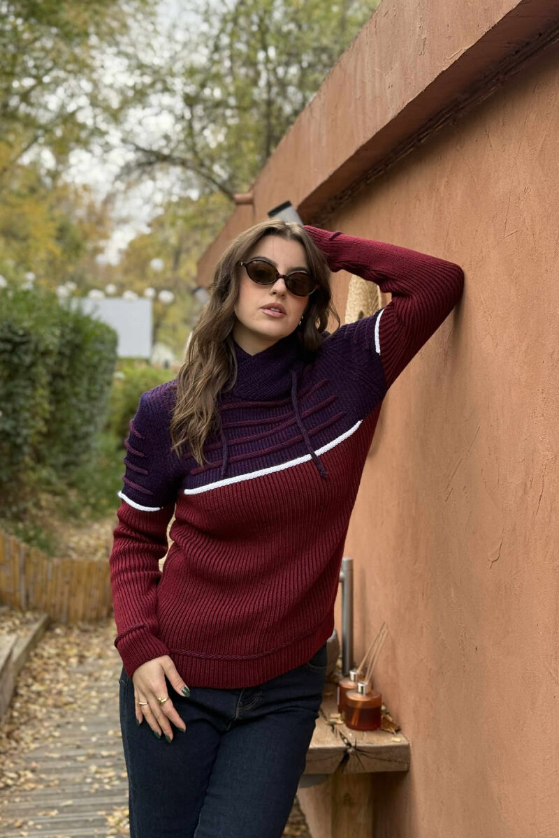 KNITTED HIGH NECK LACING WOMEN SWEATER BURGUNDY/VISHNJE - 2