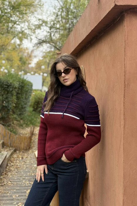 KNITTED HIGH NECK LACING WOMEN SWEATER BURGUNDY/VISHNJE - 3