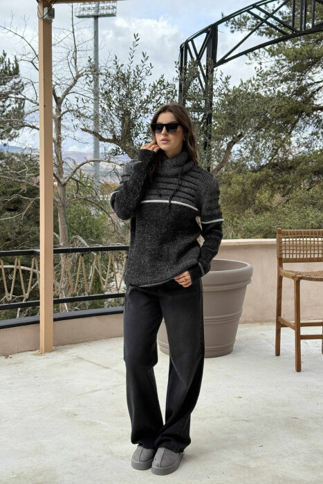 KNITTED HIGH NECK LACING WOMEN SWEATER DARK GREY/GEE - 1
