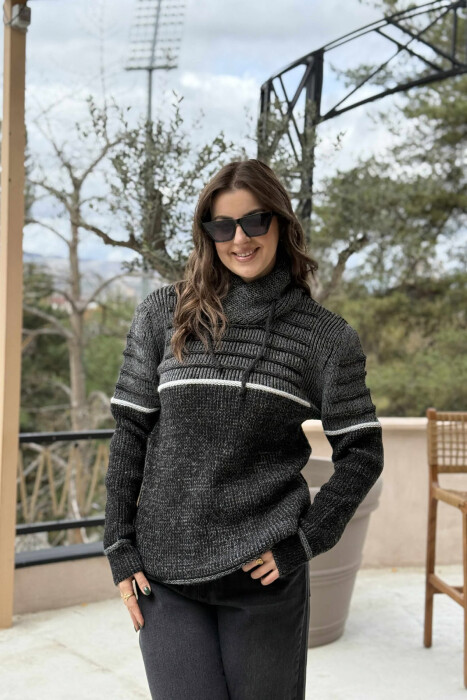 KNITTED HIGH NECK LACING WOMEN SWEATER DARK GREY/GEE - 3