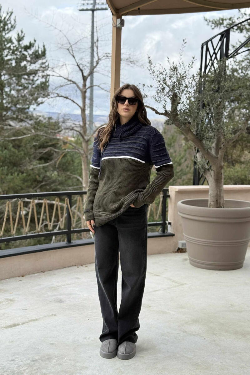 KNITTED HIGH NECK LACING WOMEN SWEATER GREEN/JESHILE - 1