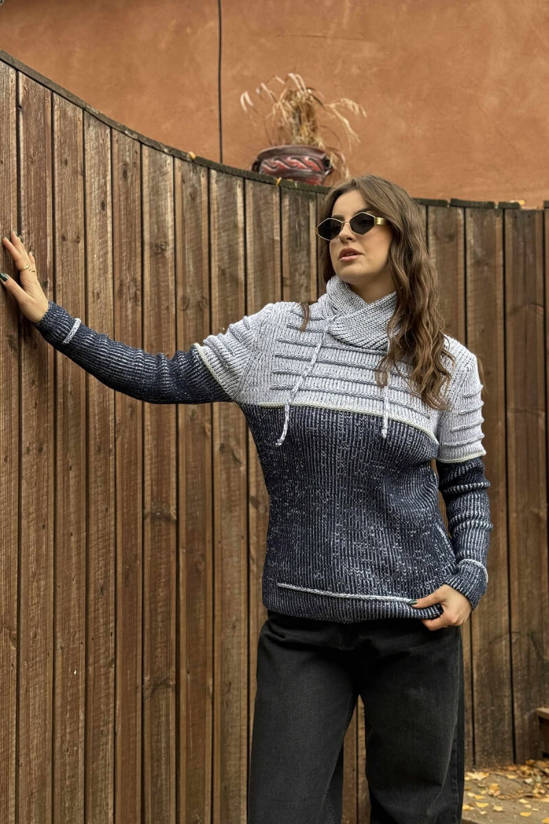 KNITTED HIGH NECK LACING WOMEN SWEATER LIGHT GREY/GZ - 3