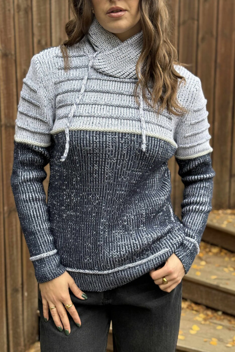 KNITTED HIGH NECK LACING WOMEN SWEATER LIGHT GREY/GZ - 4