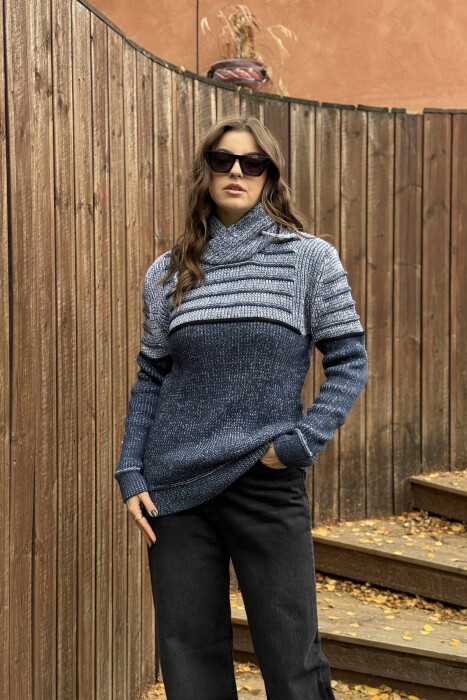 KNITTED HIGH NECK LACING WOMEN SWEATER LIGHTBLUE/BZ 