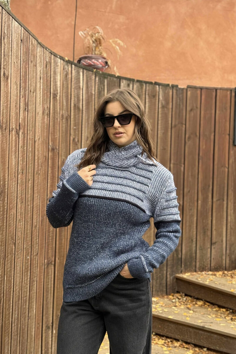 KNITTED HIGH NECK LACING WOMEN SWEATER LIGHTBLUE/BZ - 2