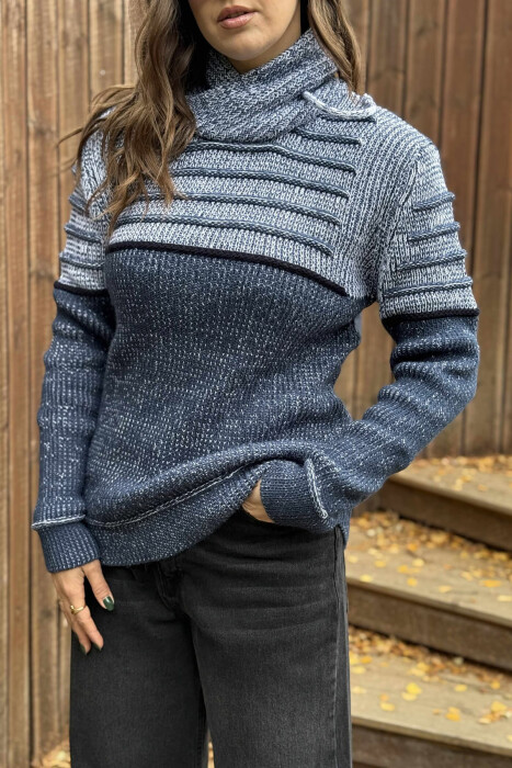 KNITTED HIGH NECK LACING WOMEN SWEATER LIGHTBLUE/BZ - 3